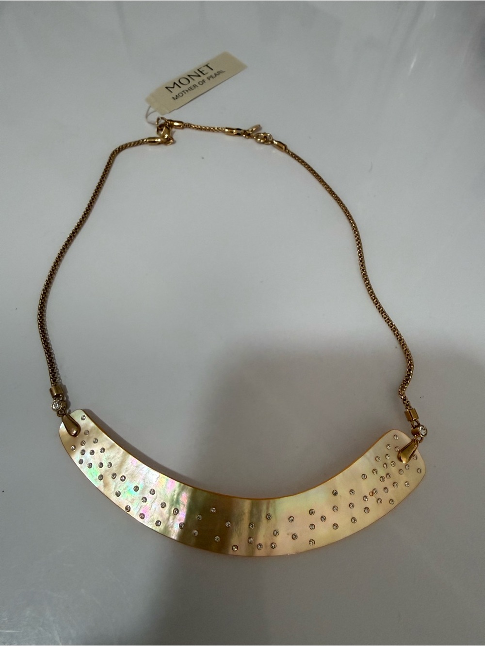 Monet Gold-Tone Iridescent Mother-of-Pearl Curved Bar Necklace